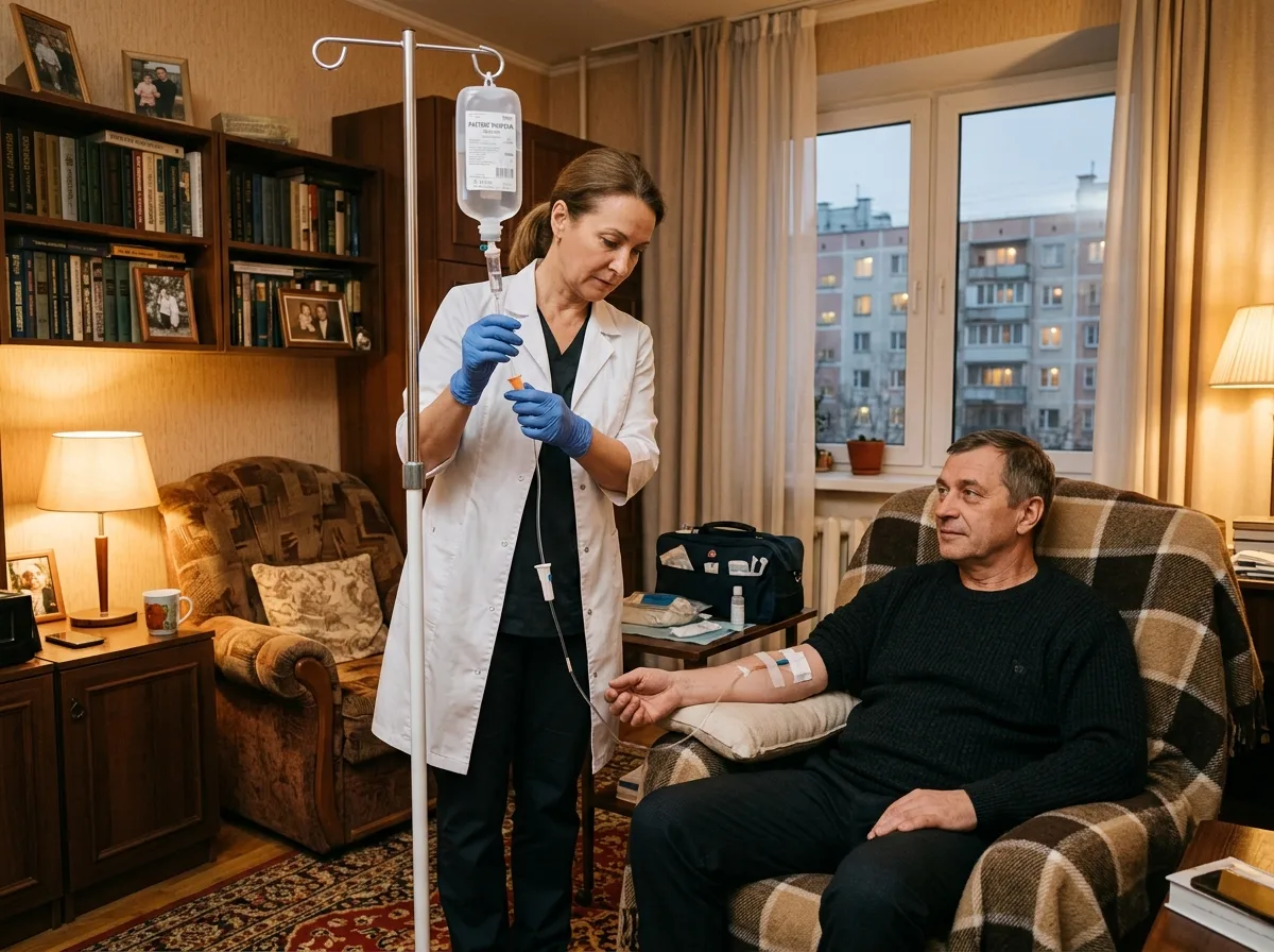 Врач-нарколог в белом халате устанавливает капельницу пациенту на дому, уютная московская квартира, тёплое освещение, профессиональная медицинская обстановка