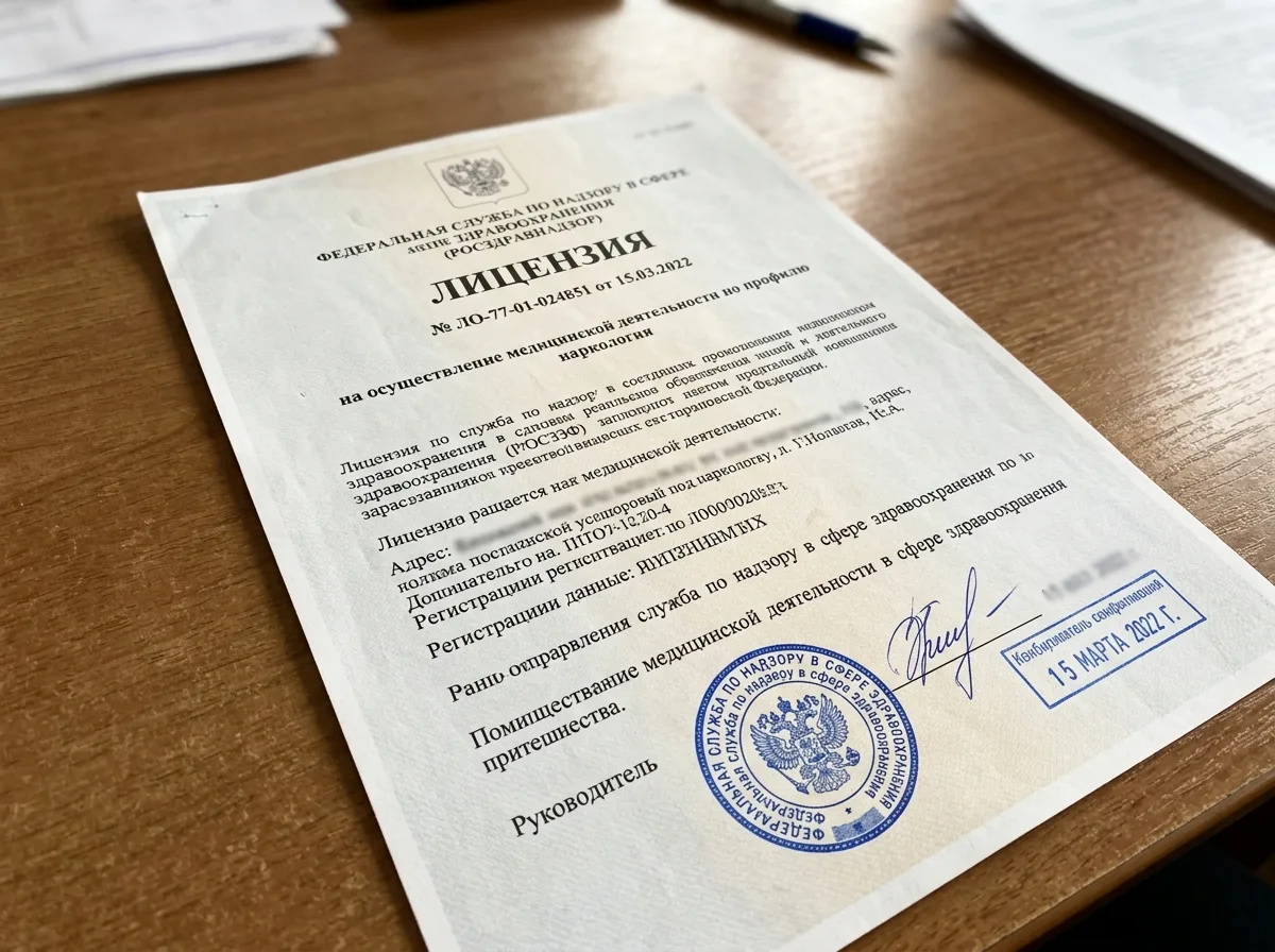 Лицензия Росздравнадзора № ЛО-77-01-024851 от 15.03.2022 на осуществление медицинской деятельности по профилю наркология, официальный бланк с гербом, синие печати