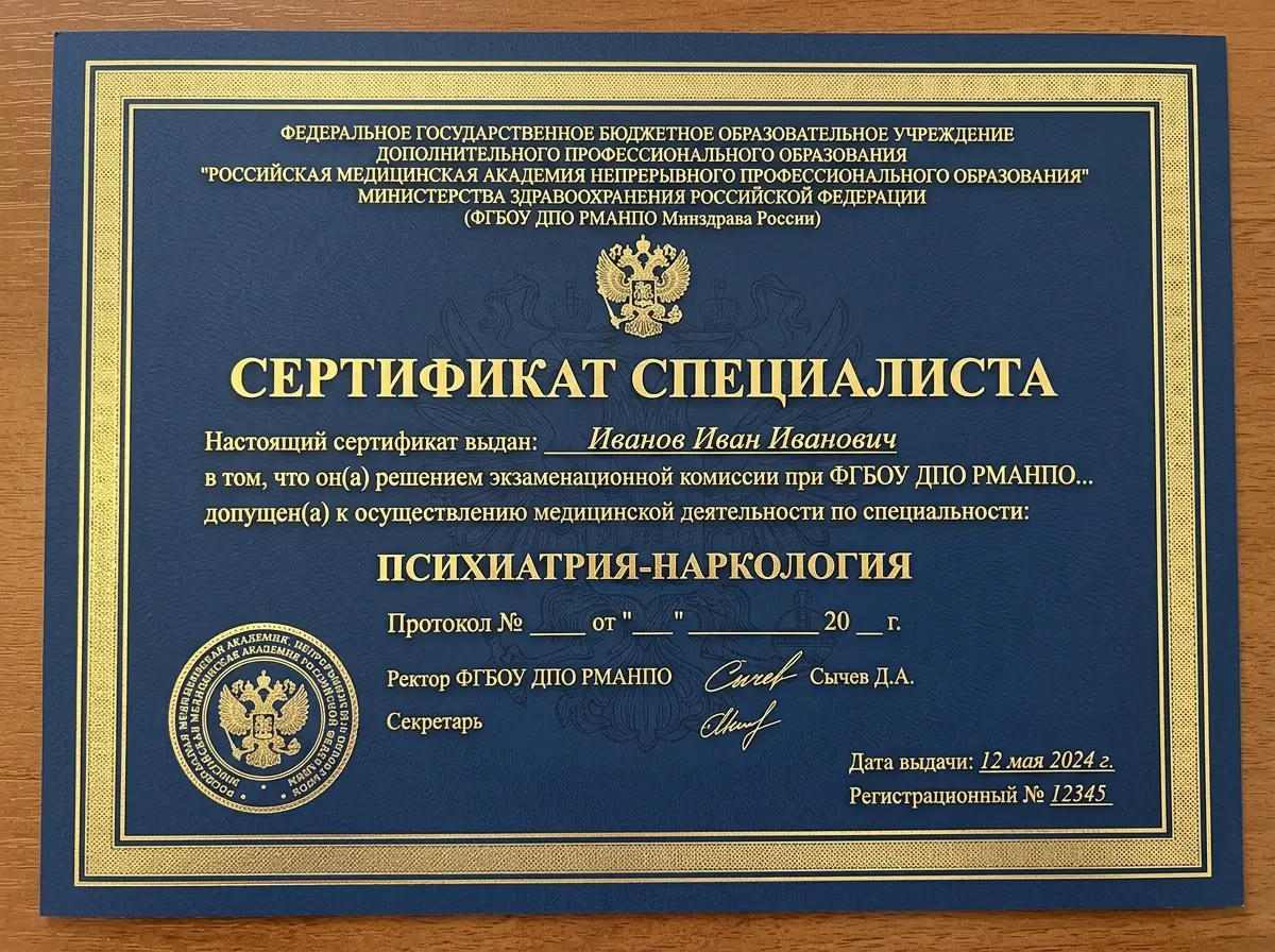 Сертификат специалиста врача-психиатра-нарколога, выдан ФГБОУ ДПО РМАНПО, синий бланк с золотым тиснением
