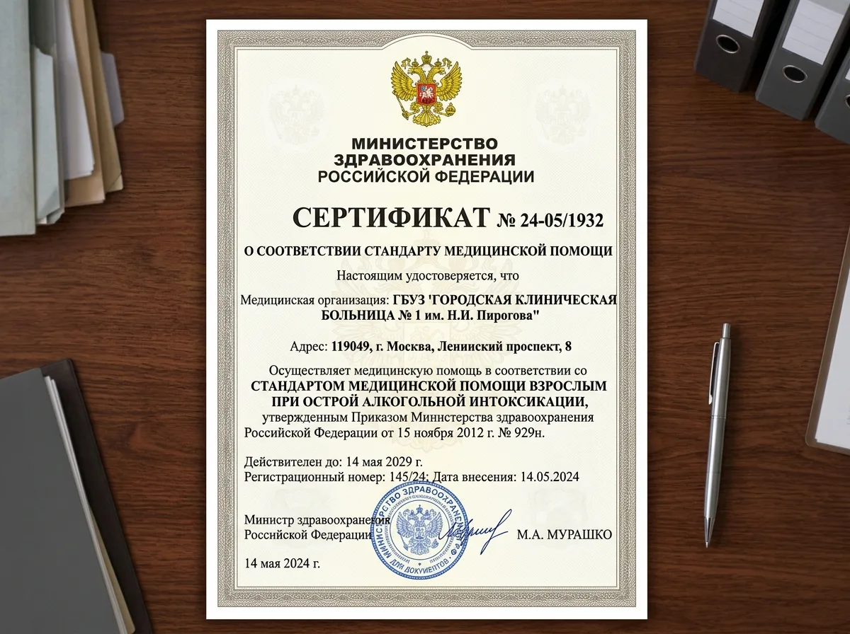 Сертификат соответствия стандарту медицинской помощи при острой алкогольной интоксикации, приказ Минздрава 929н, официальный документ